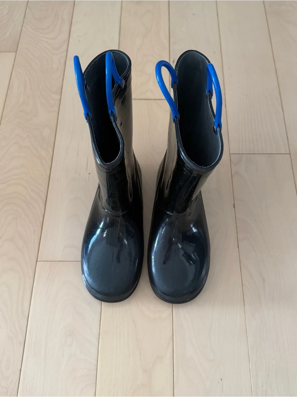 Kids Black Rain Boots with Blue Trim and Handles